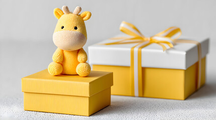 Cute plush giraffe toy sitting on a yellow gift box, surrounded by additional wrapped presents, creating a cheerful and festive atmosphere for celebrations. Selective focus