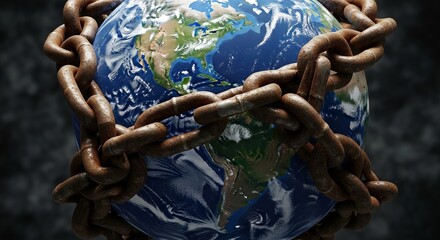 A stylized depiction shows planet Earth entangled in weathered iron chains against a dark backdrop.