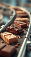 Naklejka premium Chocolate bars being processed on a conveyor belt in a factory setting during daylight hours