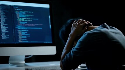 Frustrated programmer holding his head in despair in front of a computer with code, a concept of professional burnout, coding errors, and deadline pressure in the it industry - Powered by Adobe