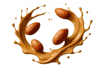 Four almonds swirling gracefully within a splash of creamy almond milk, set against a clear, transparent background