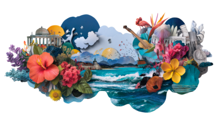 Bright collage of nature and landmarks by the coast