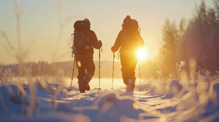 Two travelers traversing through a snowy expanse during a majestic winter sunrise