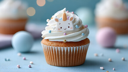 Colorful unicorn cupcake with creamy frosting and decorative sprinkles, set against a soft blue background, perfect for celebrations and sweet treats. Selective focus