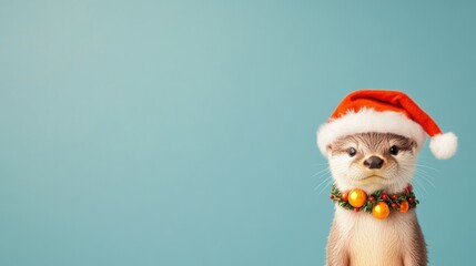 Cute otter wearing Christmas hat and festive collar enjoying the holiday season