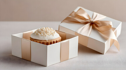 Elegant cupcake in a decorative gift box with a satin ribbon, showcasing delightful dessert presentation and inviting atmosphere for special occasions. Selective focus