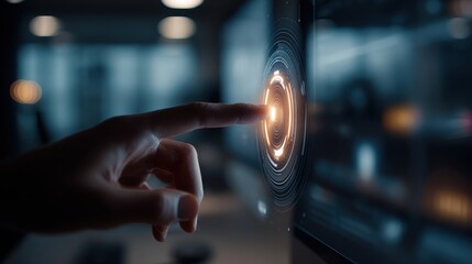 Finger touching glowing circular interface on a dark screen with blurred background lights visible