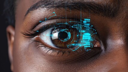 Close-up of human woman eye being scanned by a futuristic digital HUD interface, representing biometric authentication, cyber security, artificial intelligence, and high-tech identity recognition.