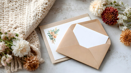 Beautifully arranged greeting card with floral design and envelope on textured surface, surrounded by cozy knitted fabric and dried flowers, perfect for seasonal celebrations. Selective focus