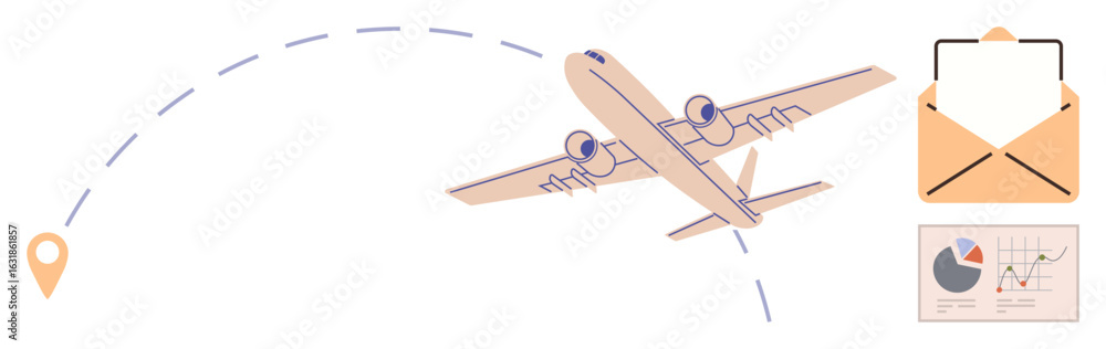 Aufkleber airplane flying along a dashed path toward a destination marker, with an open envelope and analytics