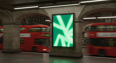 Futuristic glowing green billboard on a city subway platform with blurred red double-decker buses passing by