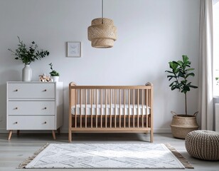 Minimalist baby nursery with wooden crib and dresser in natural wood finish, white and beige palette, Scandinavian style interior, clean and calm space, no toys, no children