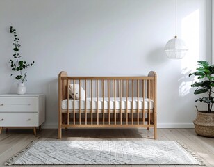 Minimalist baby nursery with wooden crib and dresser in natural wood finish, white and beige palette, Scandinavian style interior, clean and calm space, no toys, no children