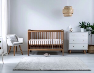 Minimalist baby nursery with wooden crib and dresser in natural wood finish, white and beige palette, Scandinavian style interior, clean and calm space, no toys, no children
