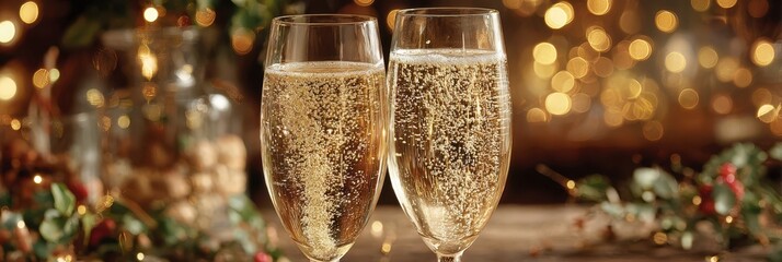 Celebration expressed with two glasses of sparkling beverage surrounded by festive decorations and warm lights