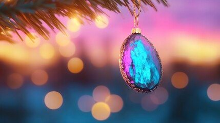 Fototapeta premium Colorful pendant hanging from a tree branch against a sunset backdrop