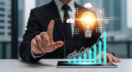 Businessman interacting with a futuristic digital interface showing a light bulb, AI icons, and rising arrow charts.