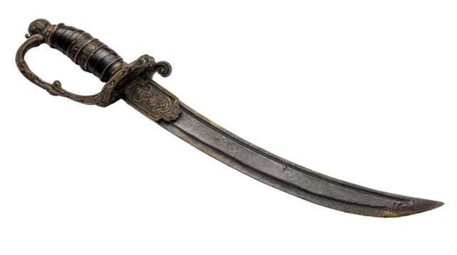 Antique curved sword with ornate handle and weathered blade