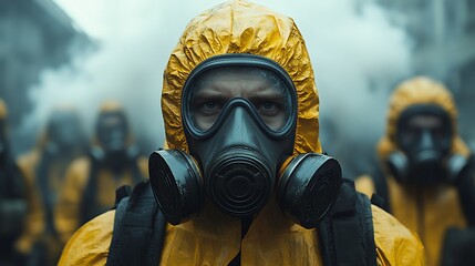Group of people in yellow hazmat suits and gas masks amid a toxic environment, facing the viewer