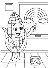 Coloring book corn pointing at a rainbow drawing in a classroom, with a drum nearby.