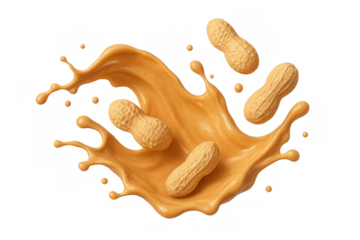 Roasted peanuts dropping into creamy peanut butter splash, transparent background, ideal for food marketing visuals