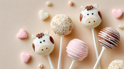 Colorful dessert pops featuring cute cow designs and sweet heart-shaped candies arranged on a soft pastel background, perfect for celebrations and events. Selective focus