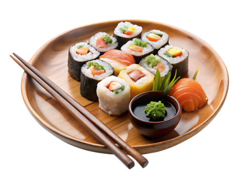 Assorted sushi rolls with salmon and wasabi isolated on a transparent background chopsticks