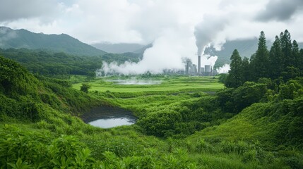 Geothermal Power Plant in Lush Green Volcanic Valley.