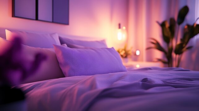 Cozy bedroom at night with soft lighting, plush pillows, and plants.
