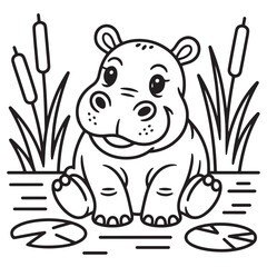 Cute Baby Hippo Sitting Among Reeds in Water African Animal Coloring Page