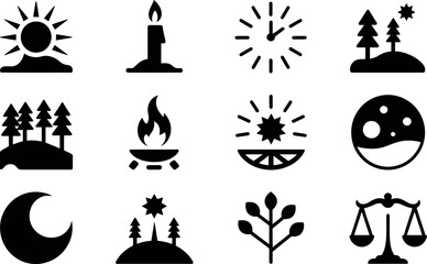 Simple Black Glyph Icons: Sun, Moon, Stars, Nature, Time, Balance