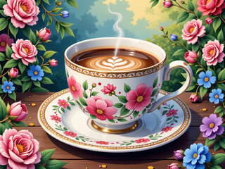 Fototapeta premium Cup of coffee and flowers