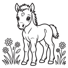 Adorable Baby Horse Standing in Grass Farm Animal Coloring Page