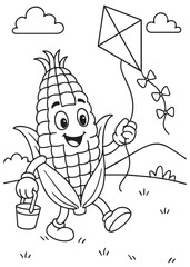 Coloring book corn flying a kite while walking in a grassy field with clouds in the sky.