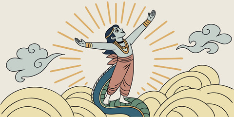 Joyful figure with snake tail and sun rays celebrates amidst clouds