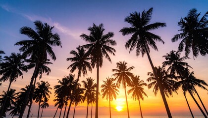 Vibrant palm tree silhouettes stand tall against a glowing sunset horizon, with rich orange, pink, and purple hues blending into a tropical, serene evening sky.
