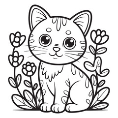 Sweet Baby Cat Sitting Among Flowers with Big Eyes Line Art for Kids Coloring Page