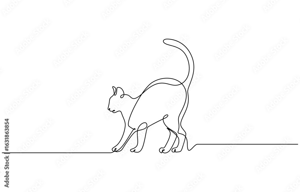 Poster continuous one line drawing of cat playing vector illustration. editable outline