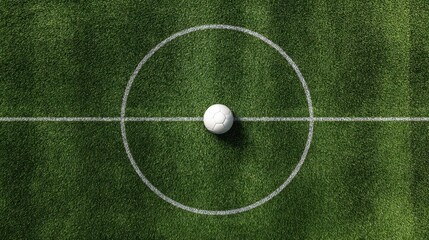 The soccer ball positioned at the center of a bright green field.