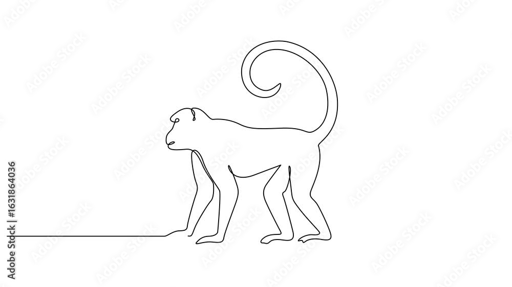 Poster animated self drawing of continuous one line drawing monkey vector outline. full length animated