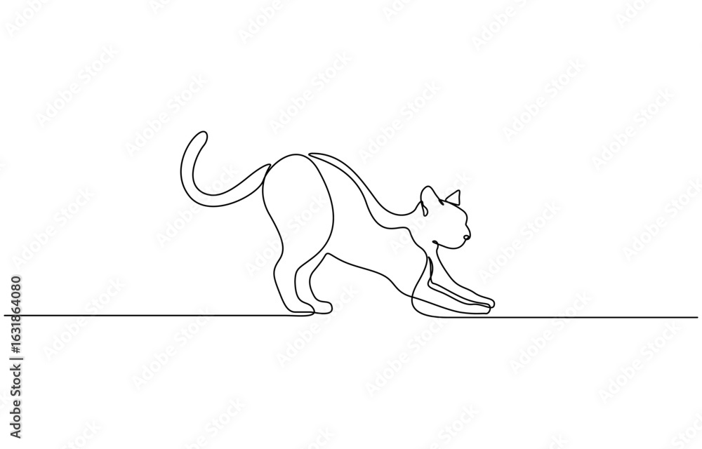 Poster continuous one line drawing of cat playing vector illustration. editable outline