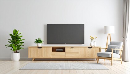 Minimalist living room featuring a sleek TV on a plain wall, clean lines, modern furniture, neutral tones, and a calm, uncluttered interior design for a cozy and stylish space.
