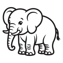 Smiling Cartoon Elephant Standing with Curved Trunk and Floppy Ears Line Art for Coloring Page