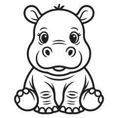 Cute Baby Hippo Sitting Calmly with Big Eyes Line Art for Kids Zoo Animal Coloring Page