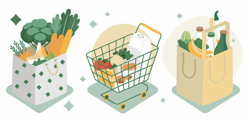 Groceries in bags and shopping cart with fresh produce
