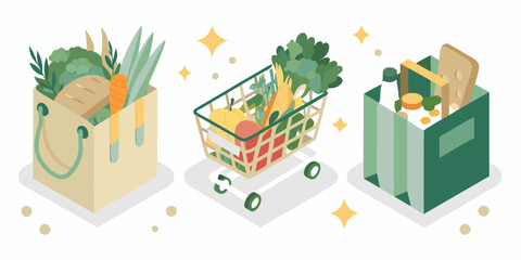 Fresh groceries in shopping bags and cart with sparkles
