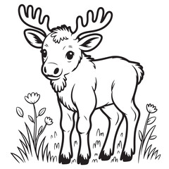 Cheerful Cartoon Moose with Antlers Standing in Grass Line Art for Woodland Animal Coloring Page
