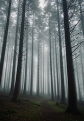 Naklejka premium Ethereal forest canopy view with slender trees enveloped in a dense misty atmosphere