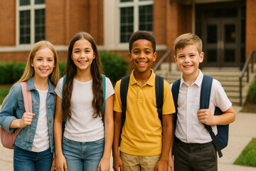 Smiling school kids with backpacks standing outside school building, back to school