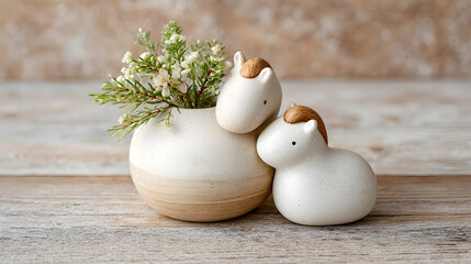 Decorative ceramic horse figurines beside a small vase filled with greenery, showcasing a charming and cozy home decor arrangement for aesthetic appeal. Selective focus
